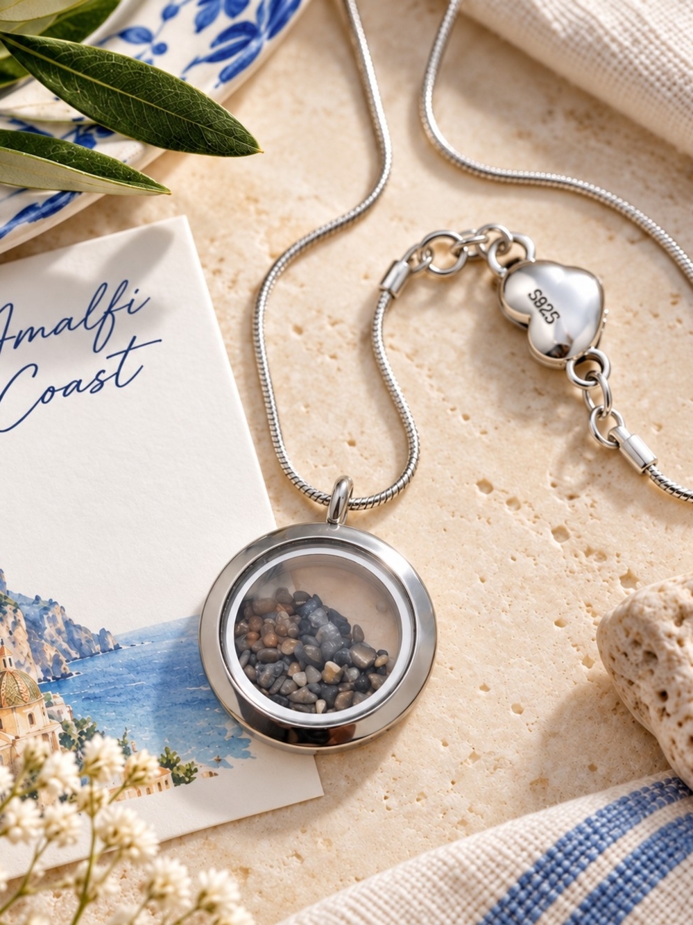 Amalfi Coast Pebble Keepsake Necklace | S925 Sterling Silver Chain